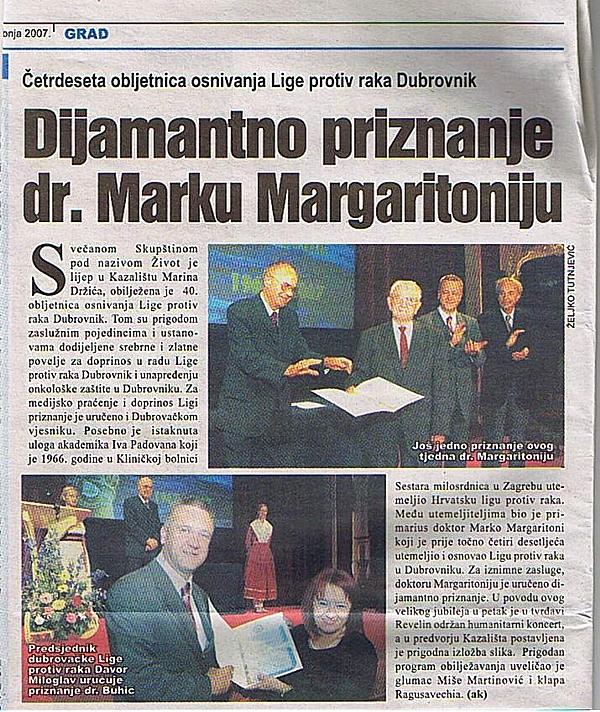 Dijamantno priznanje Dr. Marku Margaritoniju