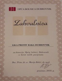 LIGA PROTIV RAKA DUBROVNIK NAGRAĐENA “ZAHVALNICOM” OB DUBROVNIK ZA 2018. GODINU